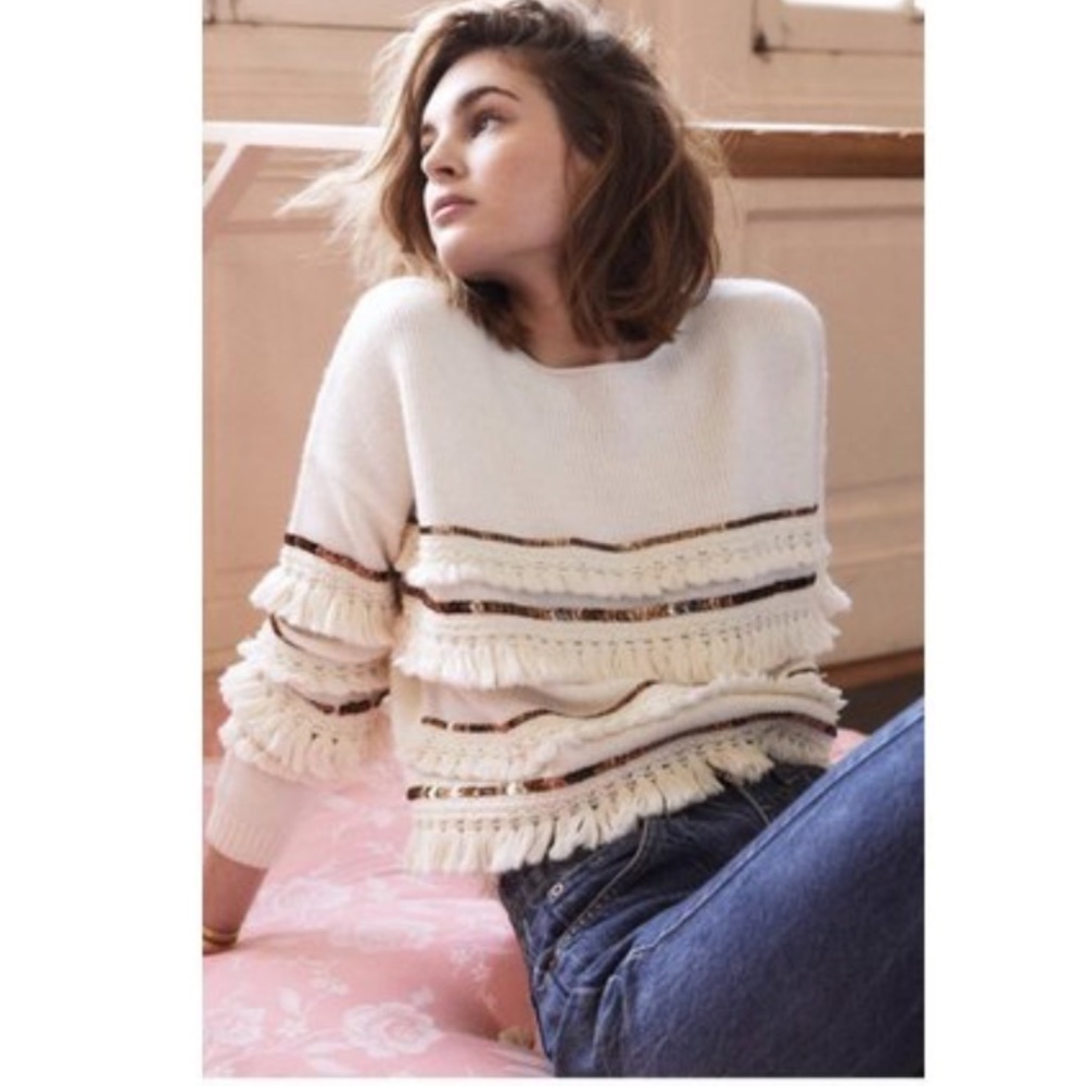 Amoli Knitwear Golden Cream‎ Tassel Fringe Layer Boho Sweater S/M